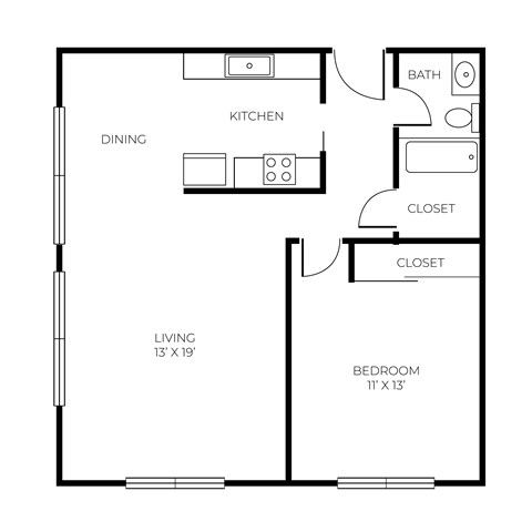 Floor plan for 1 bed, 1 bath, 688 sqft